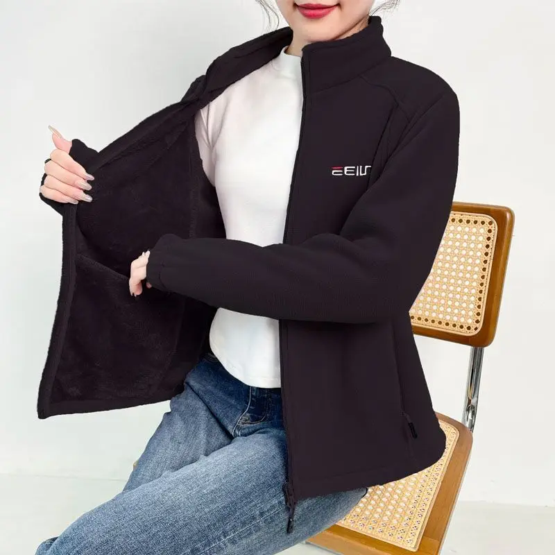 Woman Thickened Zipper Lamb Velvet Sweatshirt Casual Cardigan Embroidery Warm Stand-up Collar Loose Jacket Windproof Sweatshirt