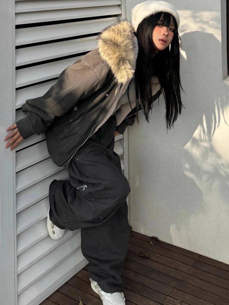 2000s Aesthetic Black Elegant Jacket Woman 2026 Winter Y2k Zip Up Hooded Design Harajuku Coat Female Loose Casual Punk Outfits