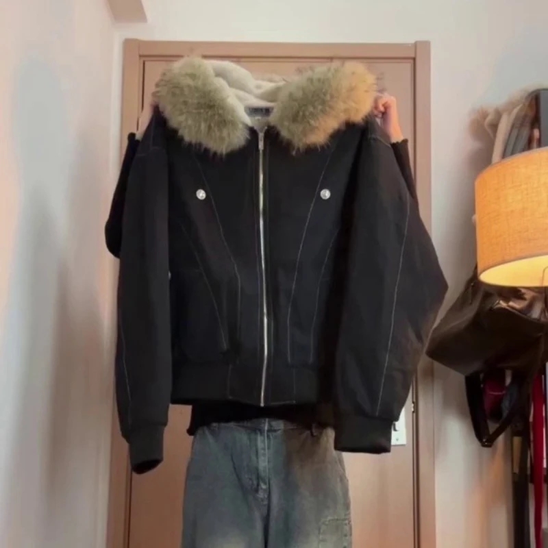 2000s Aesthetic Black Elegant Jacket Woman 2026 Winter Y2k Zip Up Hooded Design Harajuku Coat Female Loose Casual Punk Outfits