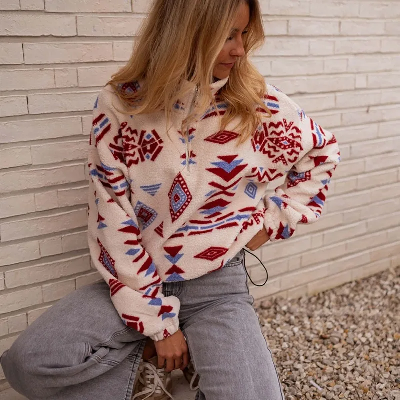 Women Half Zipper Sweatshirts Fashion Printed Autumn Winter Fleece Tops Female Stand Collar Hoodies Lady Thicken Warm Pullovers