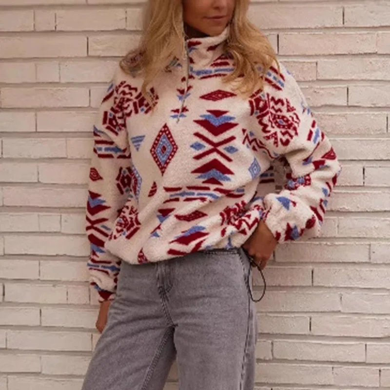 Women Half Zipper Sweatshirts Fashion Printed Autumn Winter Fleece Tops Female Stand Collar Hoodies Lady Thicken Warm Pullovers