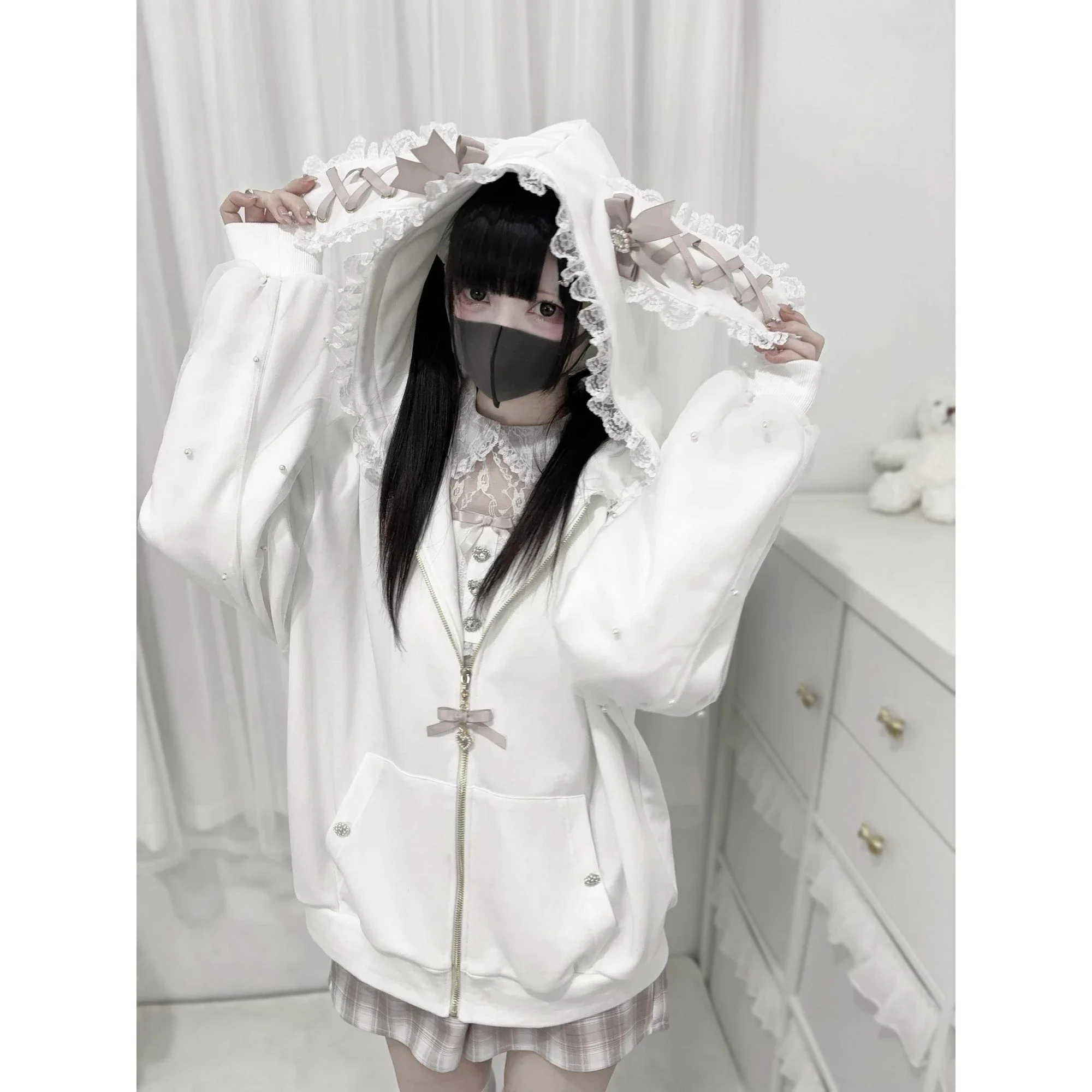 Japanese Y2k Loose Elegant Coats Women Hoodie Zipper Design Long Sleeve Sweatshirt Female Patchwork Chic Korean Popular Clothes