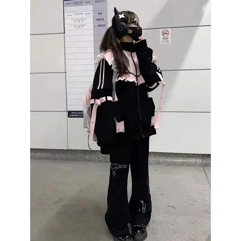 Japanese Y2k Loose Elegant Coats Women Hoodie Zipper Design Long Sleeve Sweatshirt Female Patchwork Chic Korean Popular Clothes