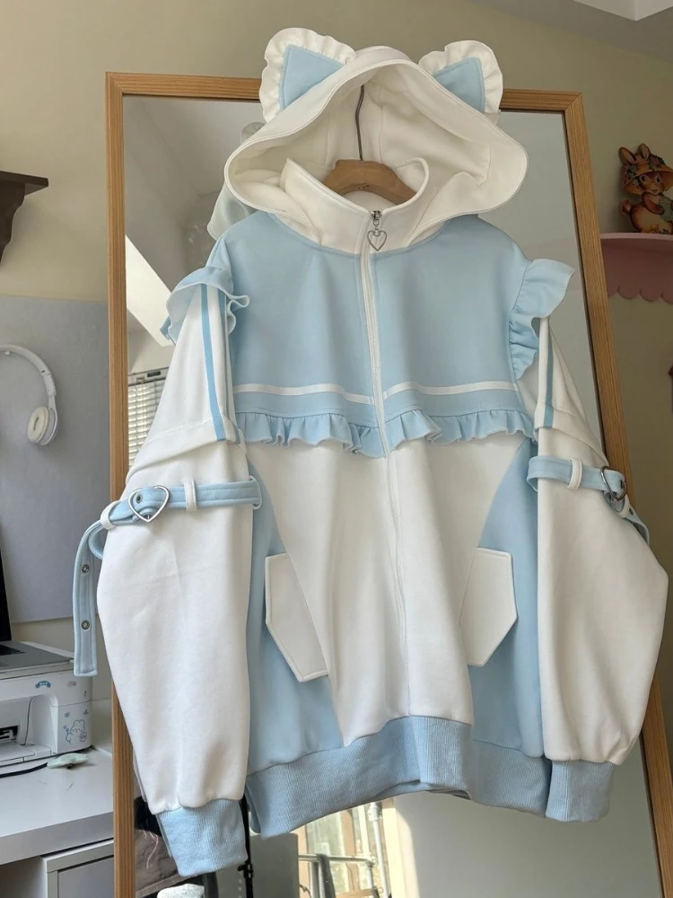 Japanese Y2k Loose Elegant Coats Women Hoodie Zipper Design Long Sleeve Sweatshirt Female Patchwork Chic Korean Popular Clothes