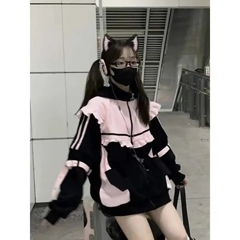 Japanese Y2k Loose Elegant Coats Women Hoodie Zipper Design Long Sleeve Sweatshirt Female Patchwork Chic Korean Popular Clothes