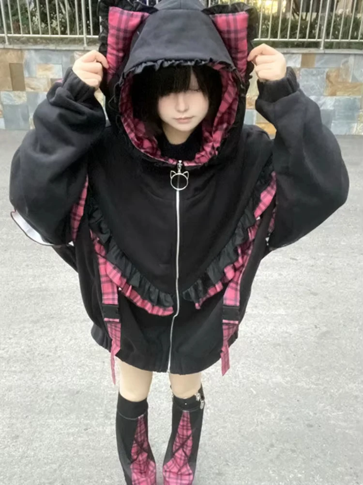Japanese Y2k Loose Elegant Coats Women Hoodie Zipper Design Long Sleeve Sweatshirt Female Patchwork Chic Korean Popular Clothes