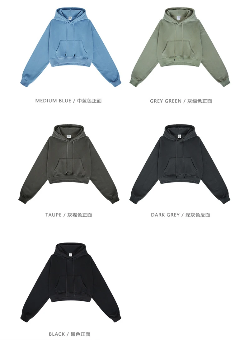 ZODF Chic Sexy Women Super-short Fleece Cropped Hoodies Girl Female Hip Hop Loose 345gsm Solid Hooded Pullover Streetwear HY0340