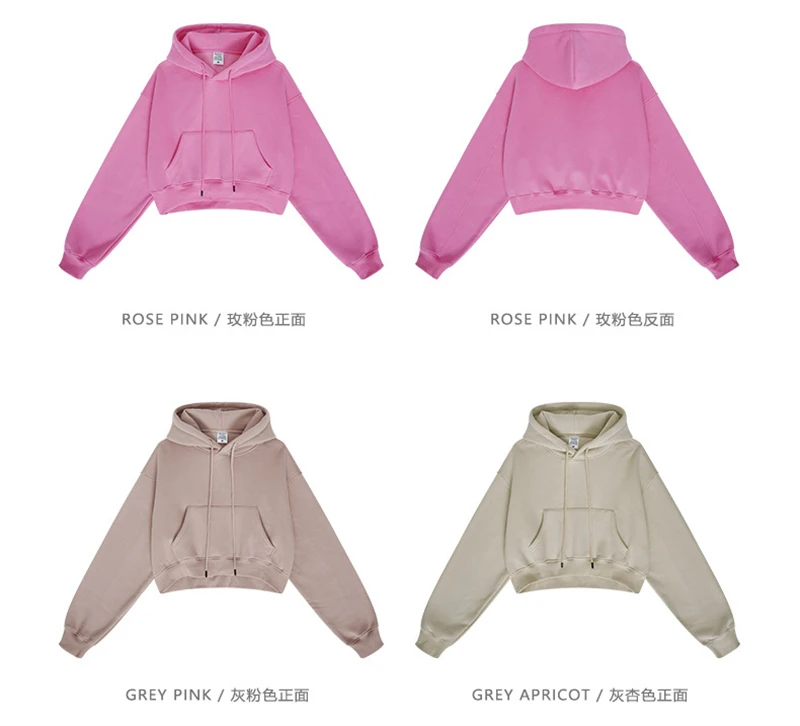 ZODF Chic Sexy Women Super-short Fleece Cropped Hoodies Girl Female Hip Hop Loose 345gsm Solid Hooded Pullover Streetwear HY0340