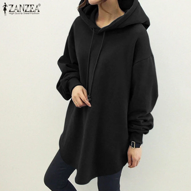 ZANZEA Women's Hoodies Long Sleeve Sweatshirts 2025 Spring Casual Solid Loose Long Drawstring Pullovers Oversized Streetwear 7