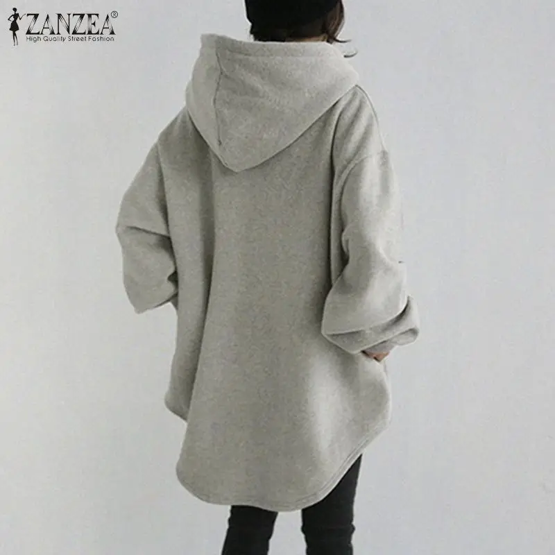 ZANZEA Women's Hoodies Long Sleeve Sweatshirts 2025 Spring Casual Solid Loose Long Drawstring Pullovers Oversized Streetwear 7