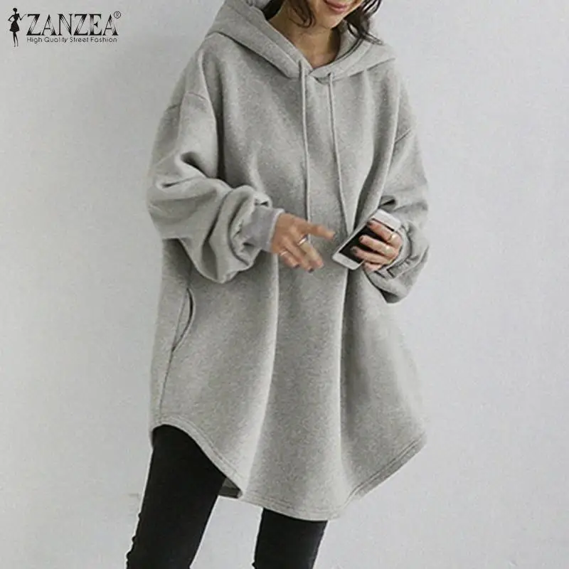 ZANZEA Women's Hoodies Long Sleeve Sweatshirts 2025 Spring Casual Solid Loose Long Drawstring Pullovers Oversized Streetwear 7