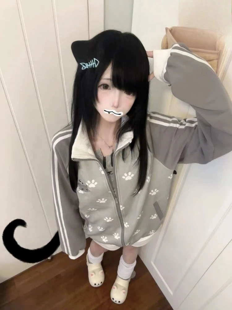 2026 Japanese Cat Embroidery Grunge Sweatshirts Women Y2k Aesthetic Patchwork Loose Hoody Casual Stand Neck Hoodie Preppy Style