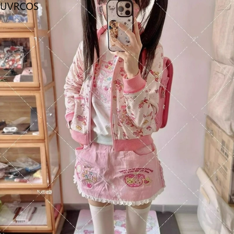 Japanese Kawaii Anime Lolita Hoodies Women Vintage Sweet Cartoon Print Casual Hooded Coat Y2k Aesthetics Para Mujer Sweatshirts