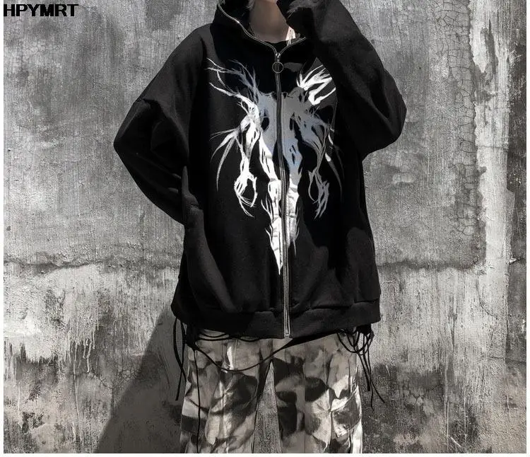 Autumn Fashion Punk Graphic Print Hip Hop Zipper Hoodie Men Women Harajuku Oversized Hooded Sweatshirt Gothic Vintage Streetwear