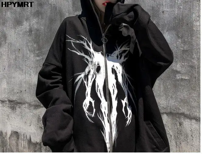 Autumn Fashion Punk Graphic Print Hip Hop Zipper Hoodie Men Women Harajuku Oversized Hooded Sweatshirt Gothic Vintage Streetwear