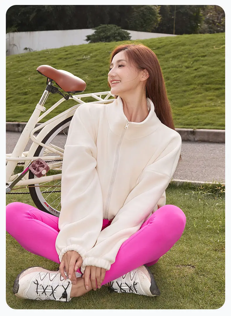 Autumn Winter New Fleece-lined Sports Jacket Women Sweatshirt Loose Slim Solid Vertical Collar Yoga Clothing Warm Tops Outdoor