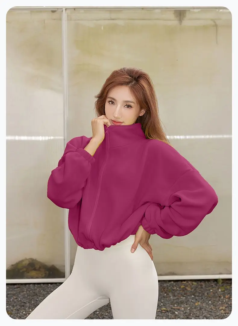 Autumn Winter New Fleece-lined Sports Jacket Women Sweatshirt Loose Slim Solid Vertical Collar Yoga Clothing Warm Tops Outdoor