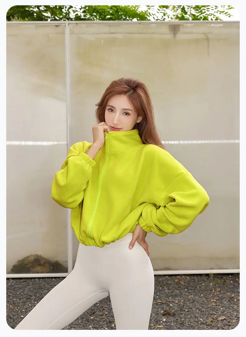 Autumn Winter New Fleece-lined Sports Jacket Women Sweatshirt Loose Slim Solid Vertical Collar Yoga Clothing Warm Tops Outdoor