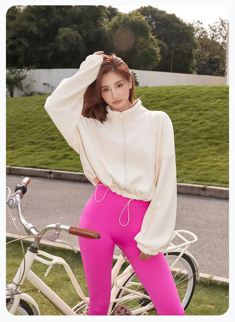 Autumn Winter New Fleece-lined Sports Jacket Women Sweatshirt Loose Slim Solid Vertical Collar Yoga Clothing Warm Tops Outdoor