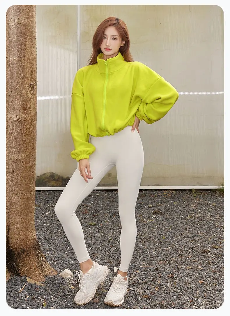 Autumn Winter New Fleece-lined Sports Jacket Women Sweatshirt Loose Slim Solid Vertical Collar Yoga Clothing Warm Tops Outdoor