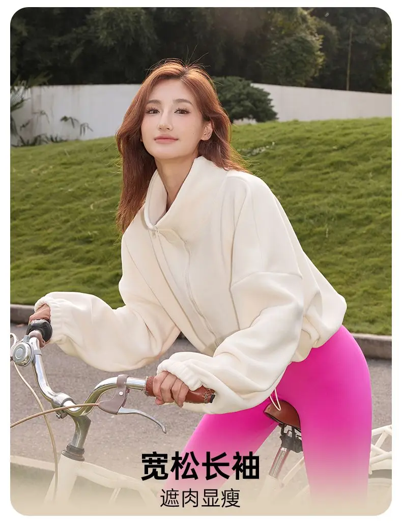 Autumn Winter New Fleece-lined Sports Jacket Women Sweatshirt Loose Slim Solid Vertical Collar Yoga Clothing Warm Tops Outdoor