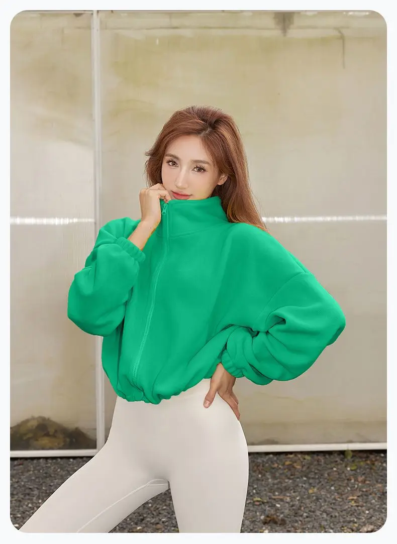 Autumn Winter New Fleece-lined Sports Jacket Women Sweatshirt Loose Slim Solid Vertical Collar Yoga Clothing Warm Tops Outdoor