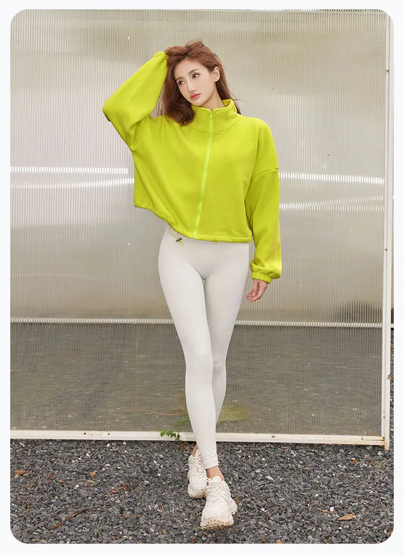 Autumn Winter New Fleece-lined Sports Jacket Women Sweatshirt Loose Slim Solid Vertical Collar Yoga Clothing Warm Tops Outdoor