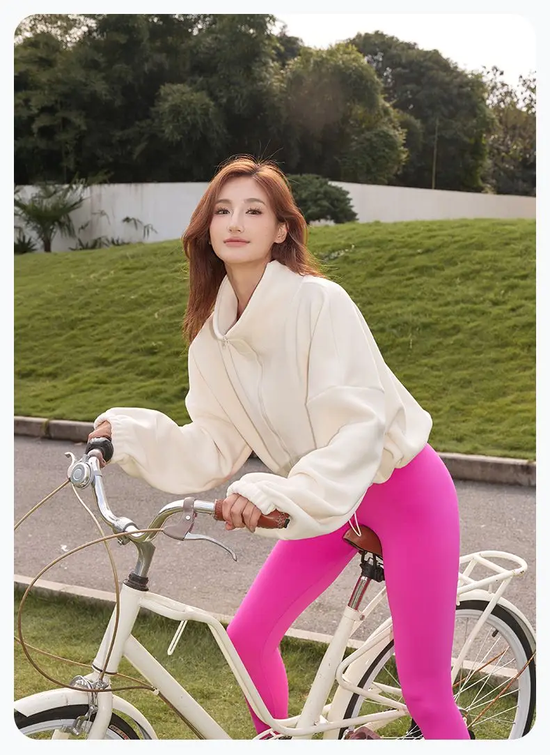 Autumn Winter New Fleece-lined Sports Jacket Women Sweatshirt Loose Slim Solid Vertical Collar Yoga Clothing Warm Tops Outdoor