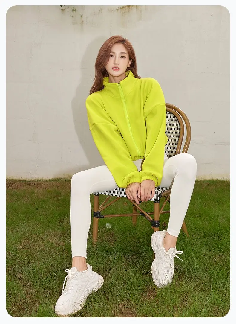 Autumn Winter New Fleece-lined Sports Jacket Women Sweatshirt Loose Slim Solid Vertical Collar Yoga Clothing Warm Tops Outdoor