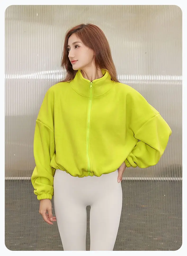 Autumn Winter New Fleece-lined Sports Jacket Women Sweatshirt Loose Slim Solid Vertical Collar Yoga Clothing Warm Tops Outdoor