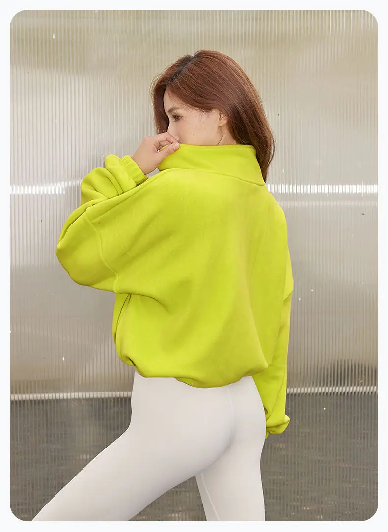 Autumn Winter New Fleece-lined Sports Jacket Women Sweatshirt Loose Slim Solid Vertical Collar Yoga Clothing Warm Tops Outdoor