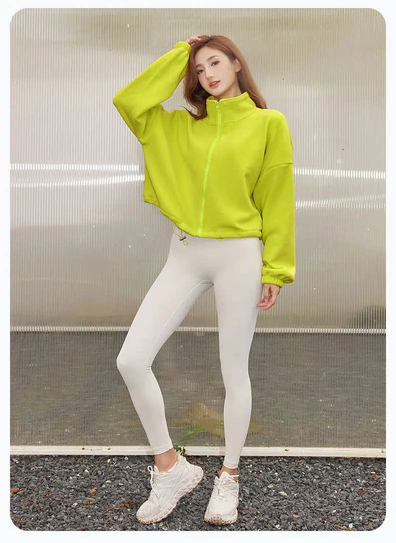 Autumn Winter New Fleece-lined Sports Jacket Women Sweatshirt Loose Slim Solid Vertical Collar Yoga Clothing Warm Tops Outdoor