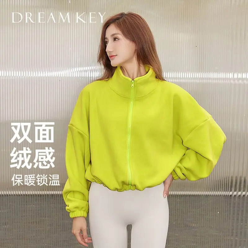 Autumn Winter New Fleece-lined Sports Jacket Women Sweatshirt Loose Slim Solid Vertical Collar Yoga Clothing Warm Tops Outdoor