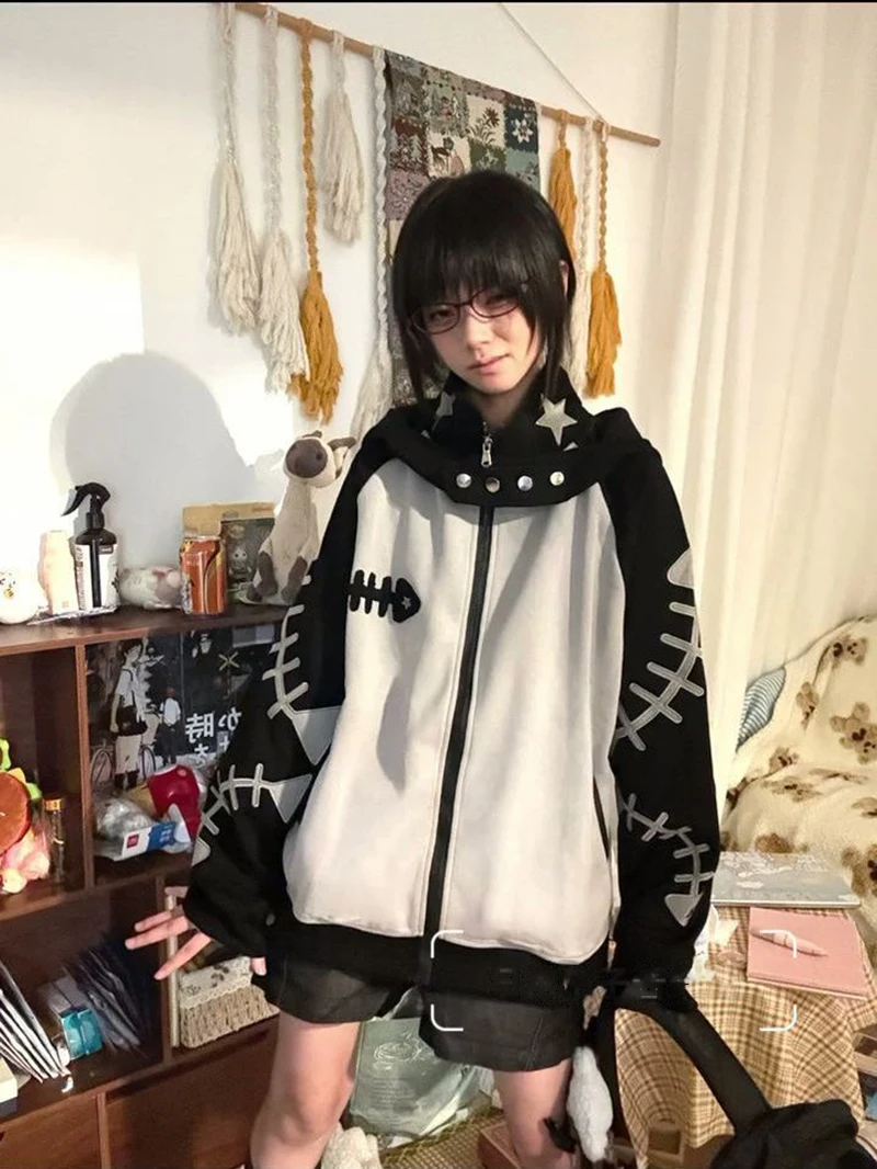 Subculture Halloween Hoodie Women Patchwork Fishbone Print Long Sleeve Sweatshirt Zip Embroidered Cute Stand Collar Jacket