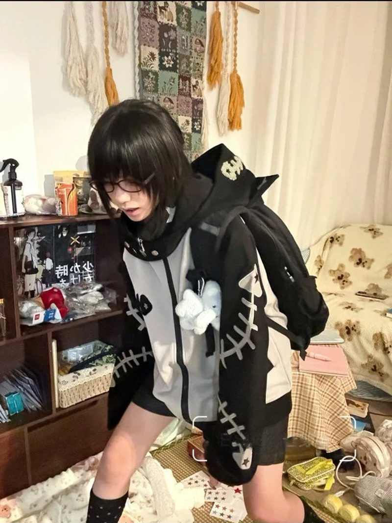 Subculture Halloween Hoodie Women Patchwork Fishbone Print Long Sleeve Sweatshirt Zip Embroidered Cute Stand Collar Jacket
