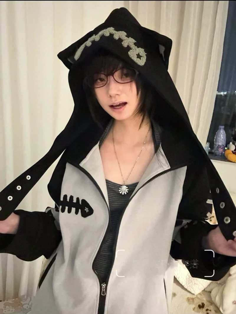 Subculture Halloween Hoodie Women Patchwork Fishbone Print Long Sleeve Sweatshirt Zip Embroidered Cute Stand Collar Jacket