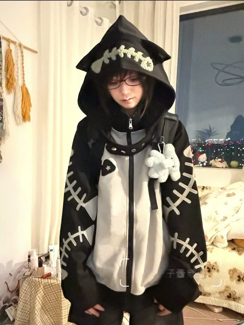 Subculture Halloween Hoodie Women Patchwork Fishbone Print Long Sleeve Sweatshirt Zip Embroidered Cute Stand Collar Jacket
