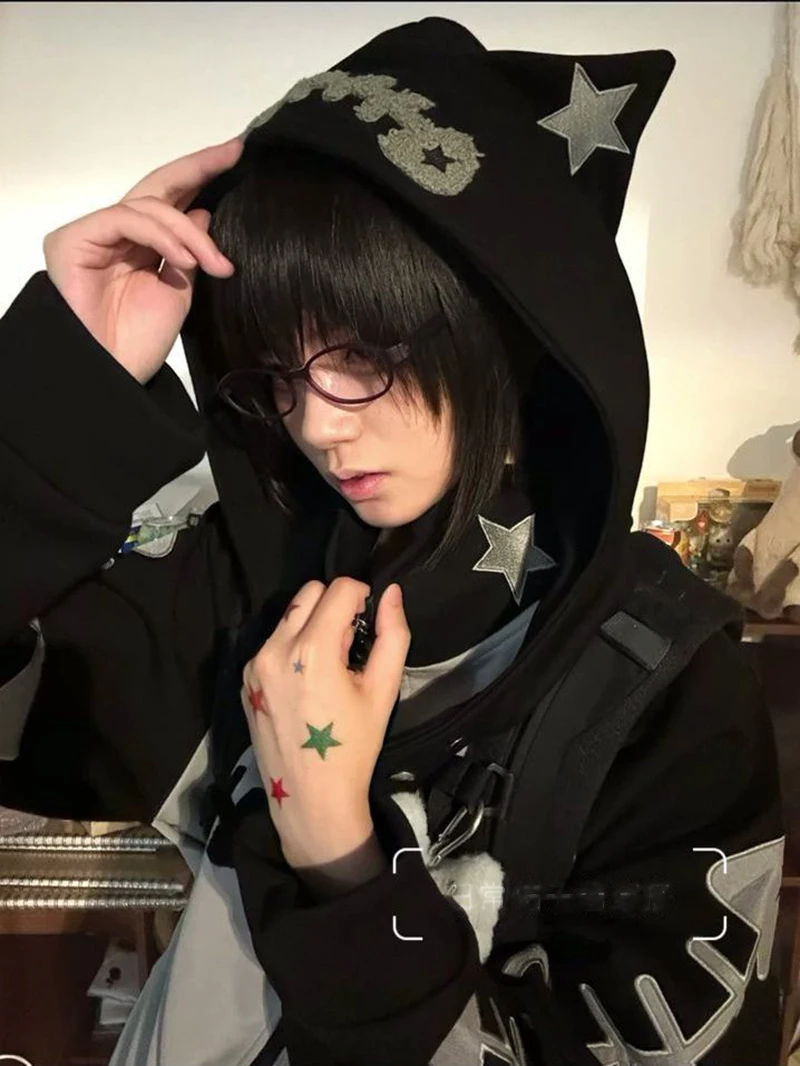 Subculture Halloween Hoodie Women Patchwork Fishbone Print Long Sleeve Sweatshirt Zip Embroidered Cute Stand Collar Jacket