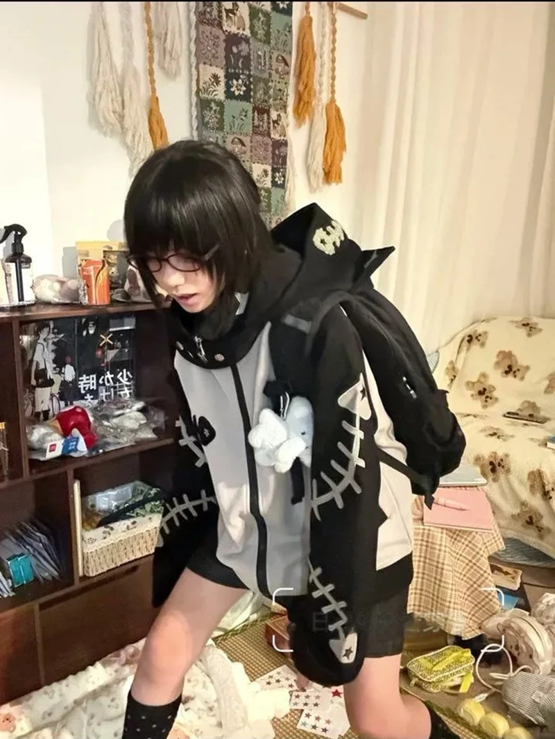 Subculture Halloween Hoodie Women Patchwork Fishbone Print Long Sleeve Sweatshirt Zip Embroidered Cute Stand Collar Jacket