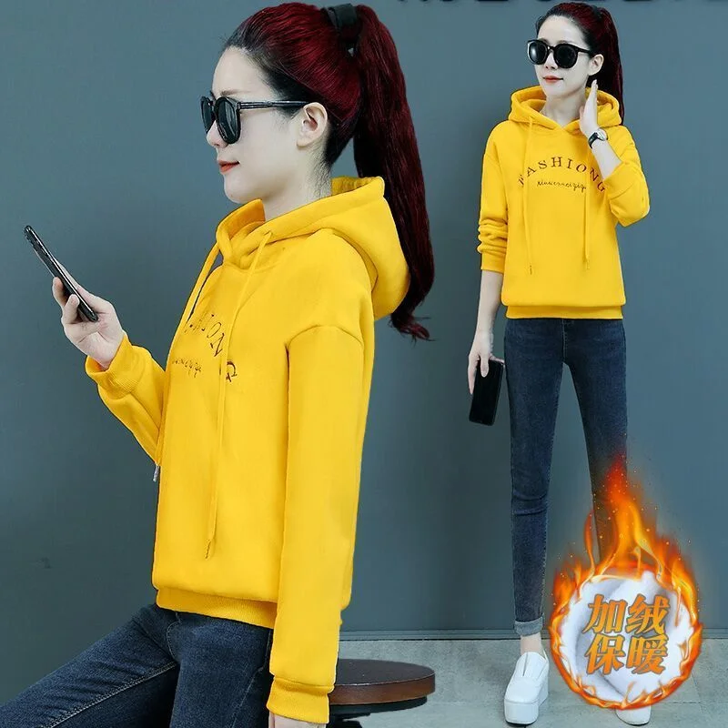 Golden Velvet Hooded Sweatshirt Women's Thickened Double Sided Velvet Top Embroidered Autumn Winter New Loose Coat Female