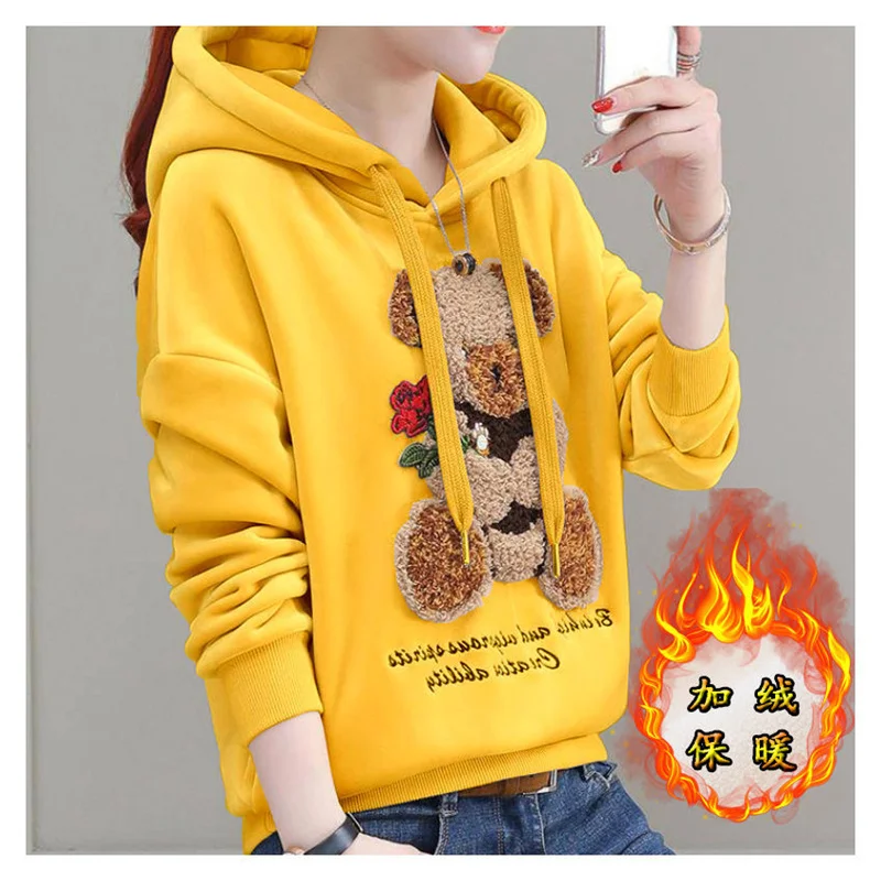 Golden Velvet Hooded Sweatshirt Women's Thickened Double Sided Velvet Top Embroidered Autumn Winter New Loose Coat Female