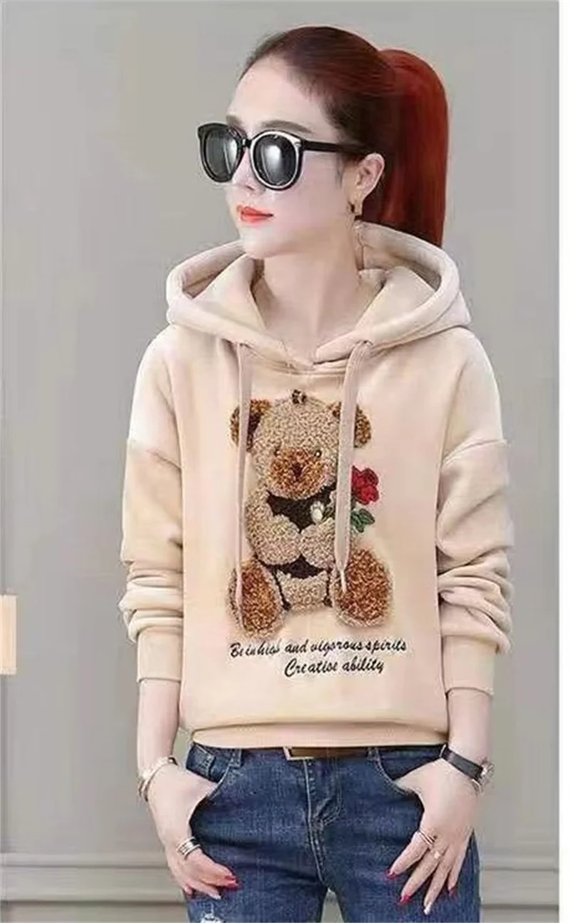 Golden Velvet Hooded Sweatshirt Women's Thickened Double Sided Velvet Top Embroidered Autumn Winter New Loose Coat Female