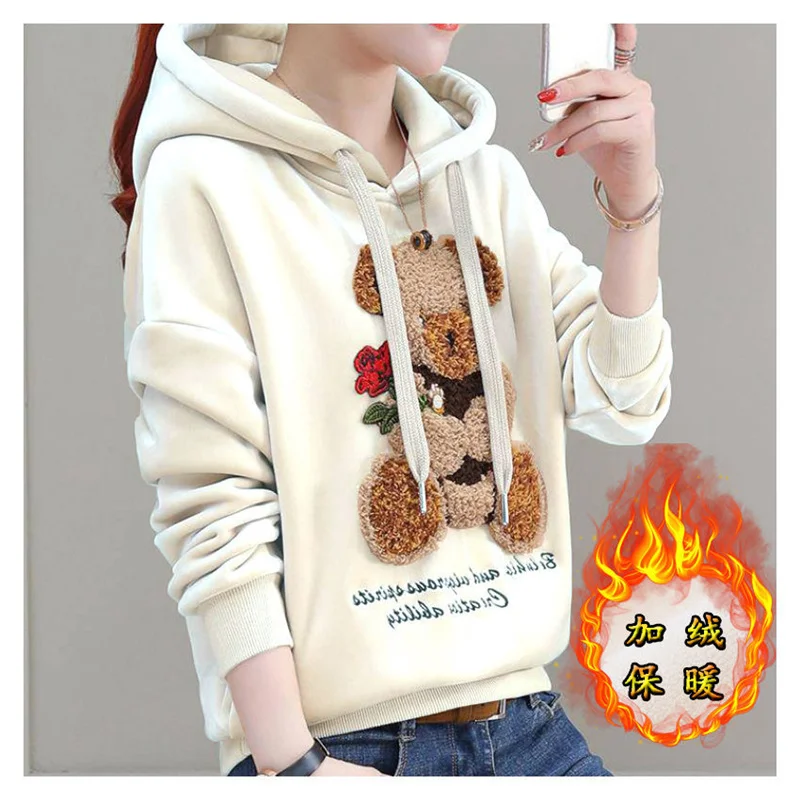 Golden Velvet Hooded Sweatshirt Women's Thickened Double Sided Velvet Top Embroidered Autumn Winter New Loose Coat Female