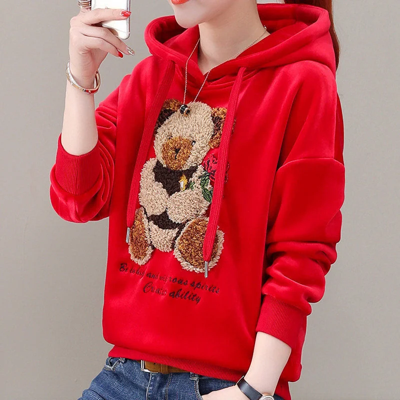 Golden Velvet Hooded Sweatshirt Women's Thickened Double Sided Velvet Top Embroidered Autumn Winter New Loose Coat Female