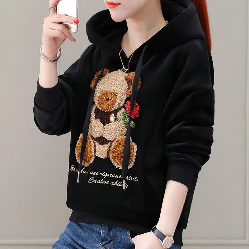 Golden Velvet Hooded Sweatshirt Women's Thickened Double Sided Velvet Top Embroidered Autumn Winter New Loose Coat Female