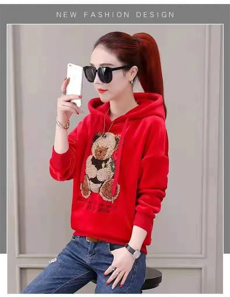 Golden Velvet Hooded Sweatshirt Women's Thickened Double Sided Velvet Top Embroidered Autumn Winter New Loose Coat Female