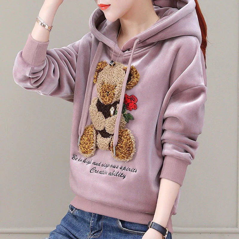 Golden Velvet Hooded Sweatshirt Women's Thickened Double Sided Velvet Top Embroidered Autumn Winter New Loose Coat Female