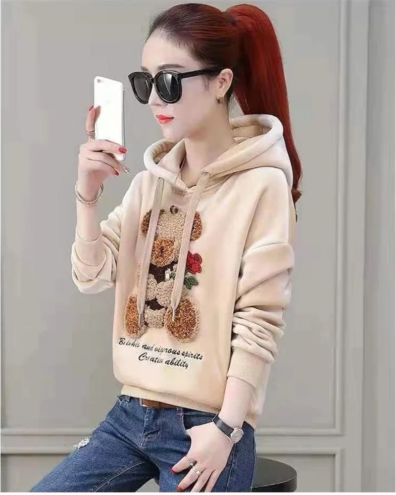 Golden Velvet Hooded Sweatshirt Women's Thickened Double Sided Velvet Top Embroidered Autumn Winter New Loose Coat Female