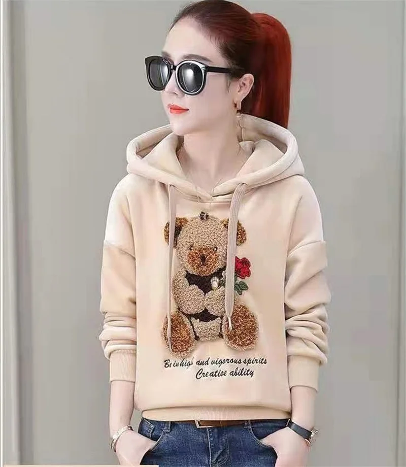 Golden Velvet Hooded Sweatshirt Women's Thickened Double Sided Velvet Top Embroidered Autumn Winter New Loose Coat Female