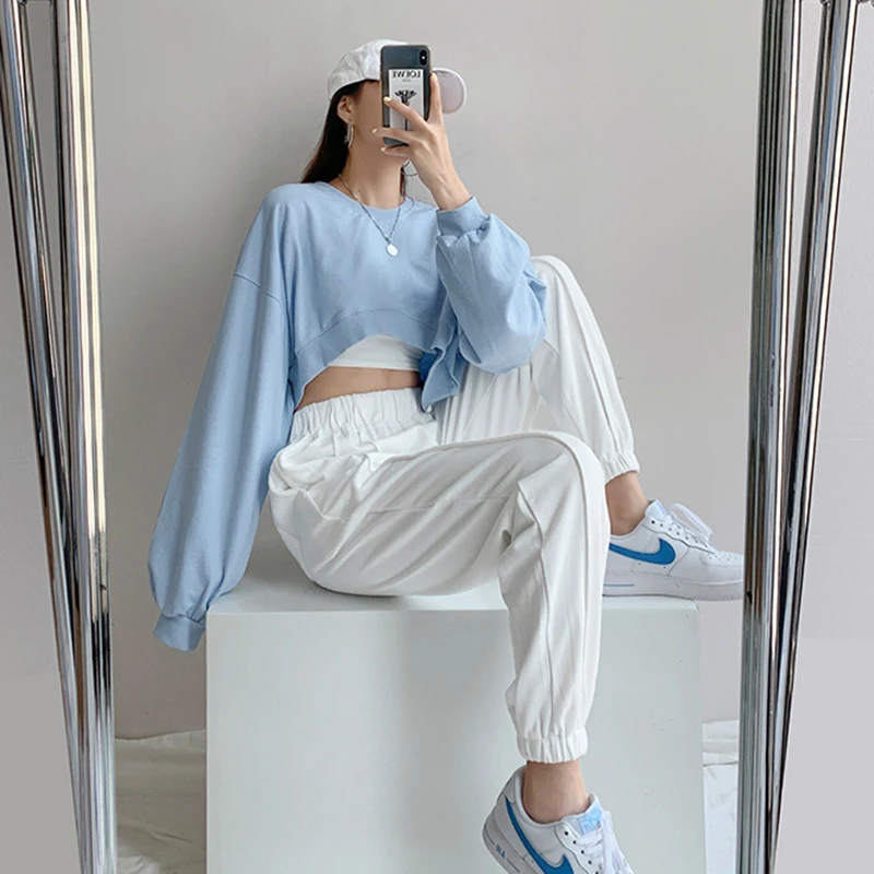 Korean Fashion Short Sweatshirts Women Sexy Solid Color Loose Crop Tops Woman Casual Streetwear Plus Size Pullovers Female